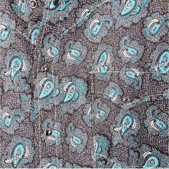 Cinch Modern Fit Black Pearl Snap Turquoise Paisley Print Mens Size XL Western - Picture 5 of 7